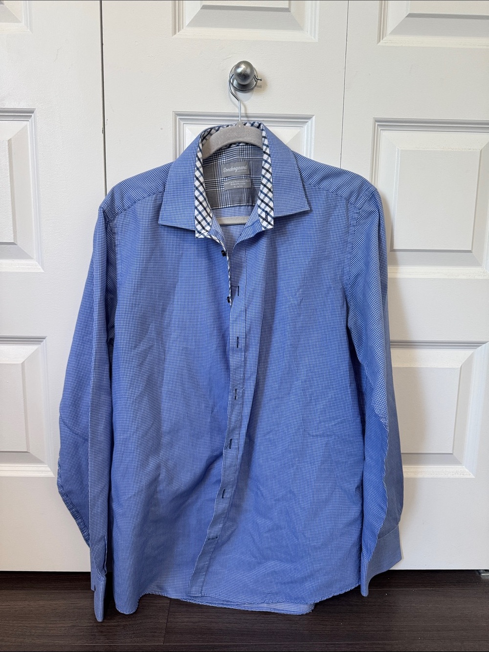 Men's Blue Dress Shirt with Contrast Checked Collar